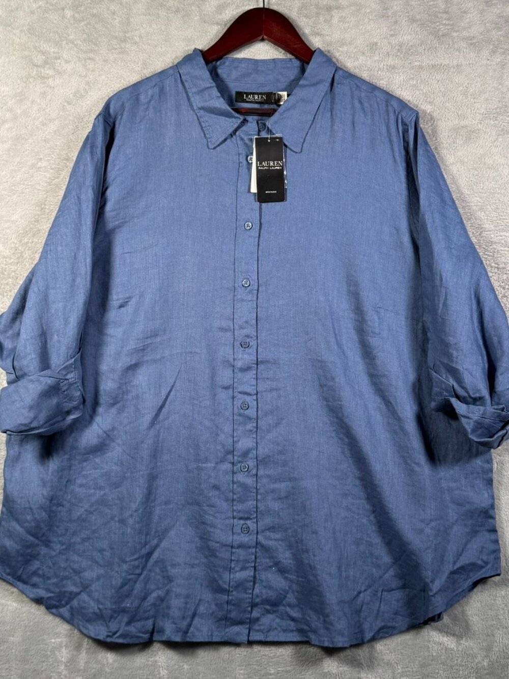 Lauren Ralph Lauren Shirt Womens 3X Blue Linen Button Up  Roll Tab Sleeve Karrie